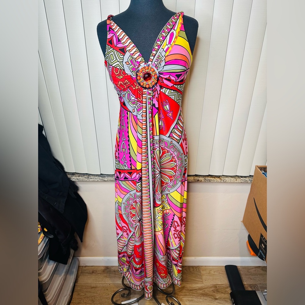 Muse Vibrant Multicolor Sleeveless Embellished V-neck Maxi Dress Size 8